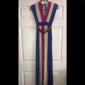 Beautiful Blue, Pink & Tan Maxi Dress w/ Belt
